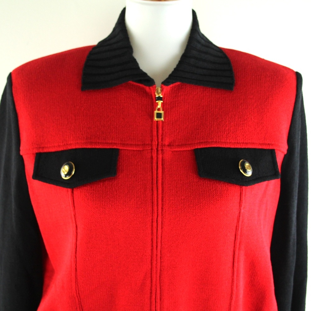 St. John Collection Santana Knit Red Black Zip-Up Front Jacket P Petite - Picture 2 of 8
